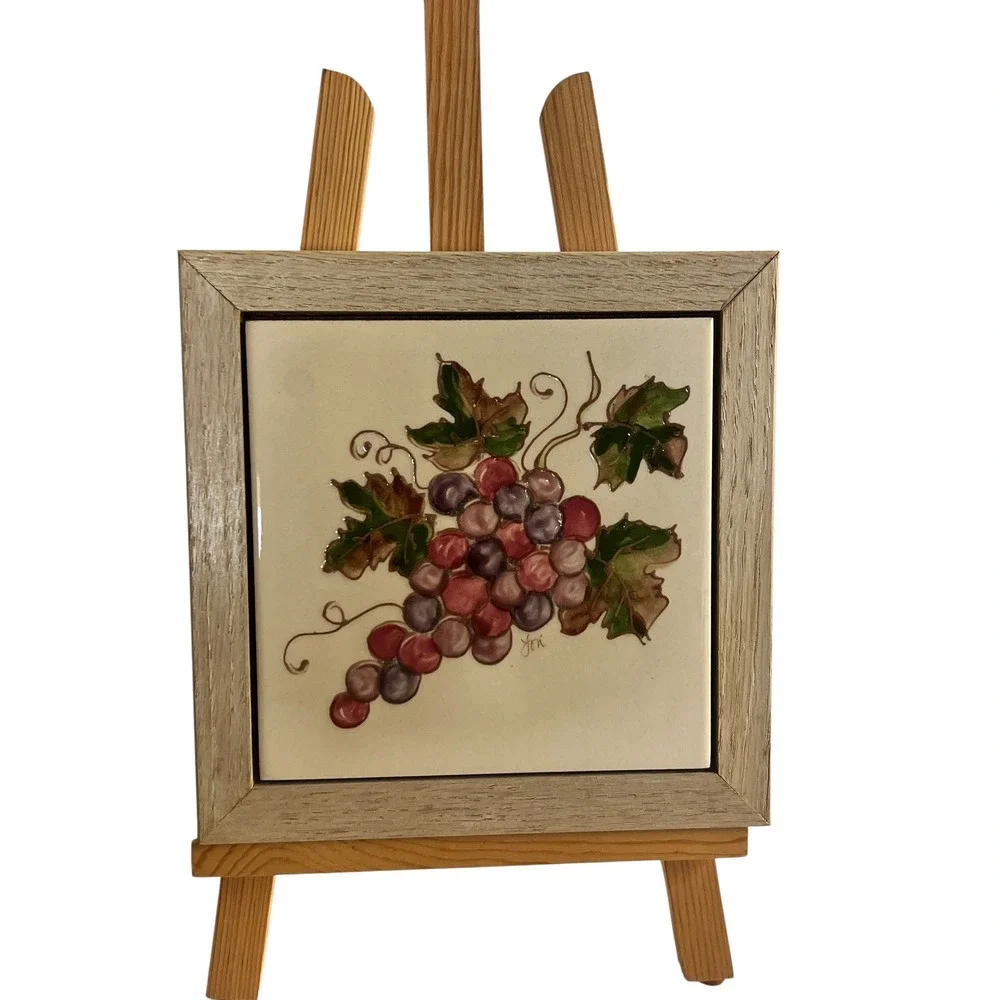 Jori Hand Painted Grape Ceramic Art Tile in Oak Wood Frame Empty Nest 7.25